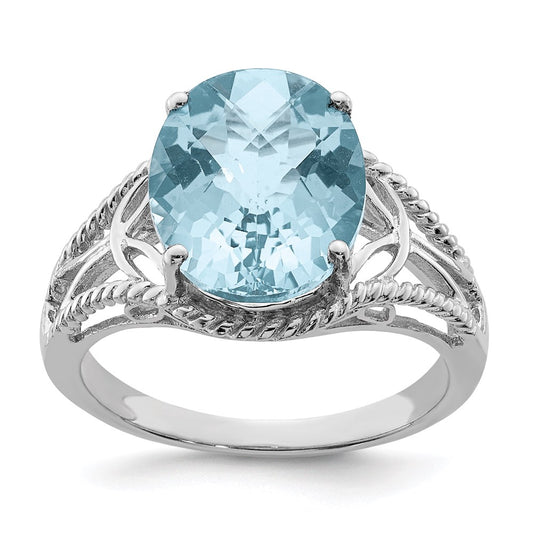 Sterling Silver Rhodium Checker-Cut Sky Blue Topaz Ring