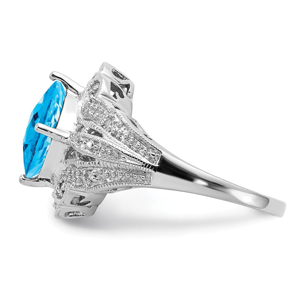 Sterling Silver Rhodium Checker-Cut Blue Topaz & Diamond Ring