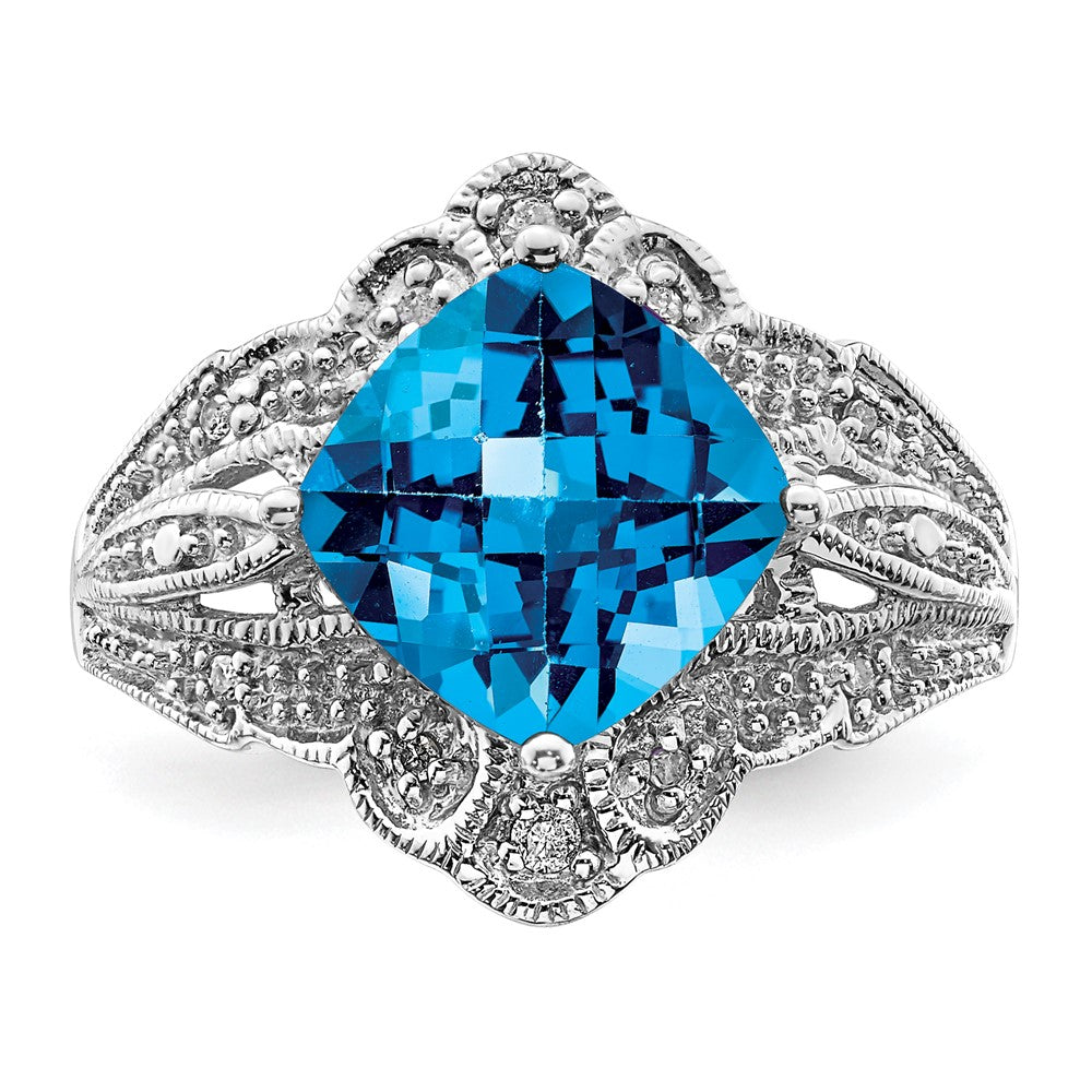 Sterling Silver Rhodium Checker-Cut Blue Topaz & Diamond Ring