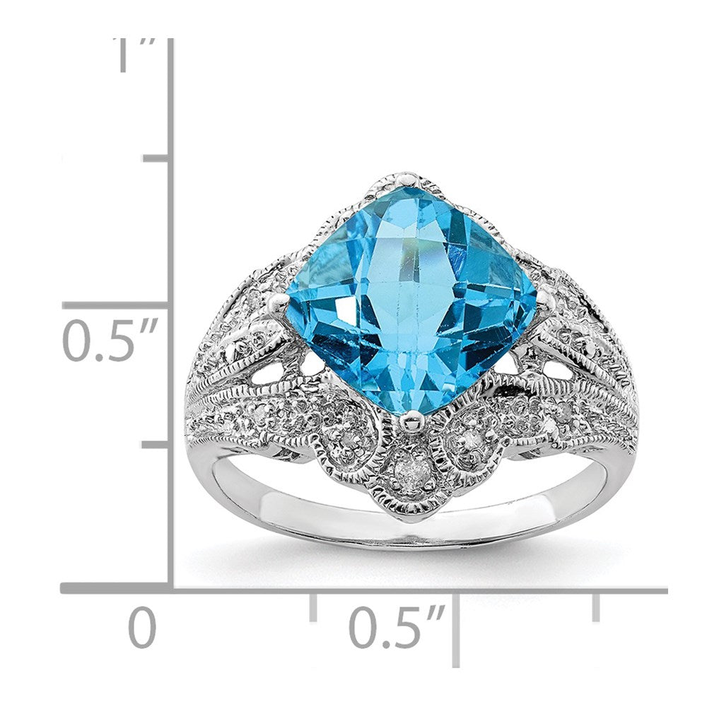 Sterling Silver Rhodium Checker-Cut Blue Topaz & Diamond Ring