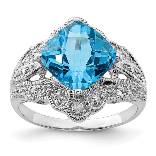 Sterling Silver Rhodium Checker-Cut Blue Topaz & Diamond Ring