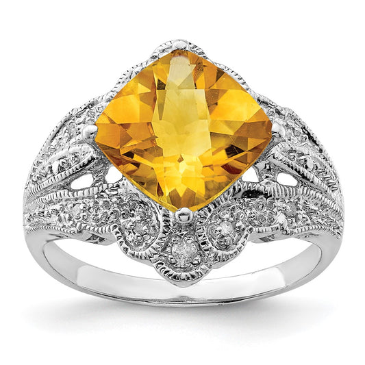 Sterling Silver Rhodium Cushion Checker-Cut Citrine & Diamond Ring