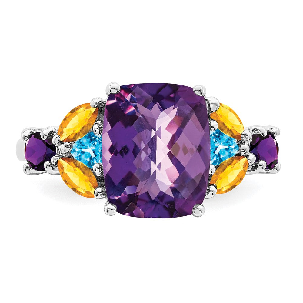 Sterling Silver Rhodium-plated Amethyst, Blue Topaz & Citrine Ring