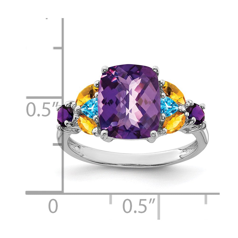 Sterling Silver Rhodium-plated Amethyst, Blue Topaz & Citrine Ring