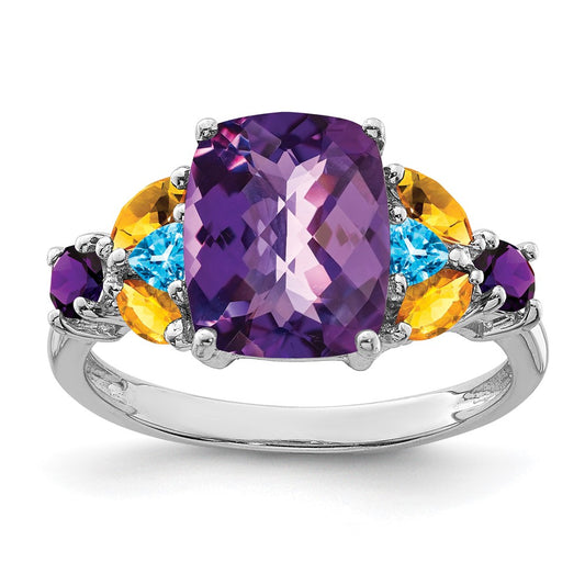 Sterling Silver Rhodium-plated Amethyst, Blue Topaz & Citrine Ring