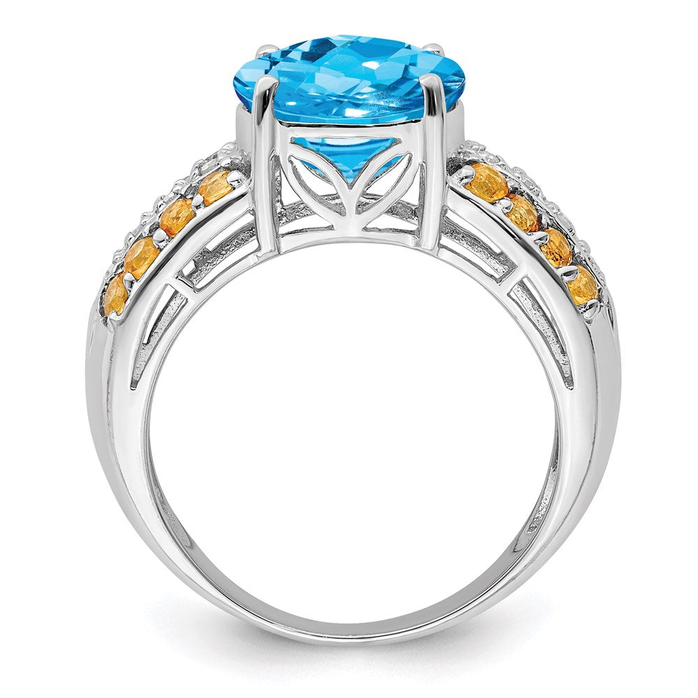 Sterling Silver Rhodium Checker-Cut Blue Topaz, Citrine & Diamond Ring