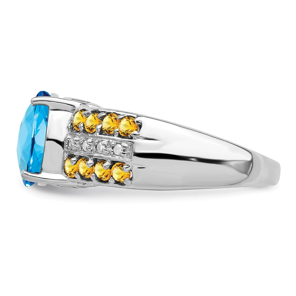 Sterling Silver Rhodium Checker-Cut Blue Topaz, Citrine & Diamond Ring