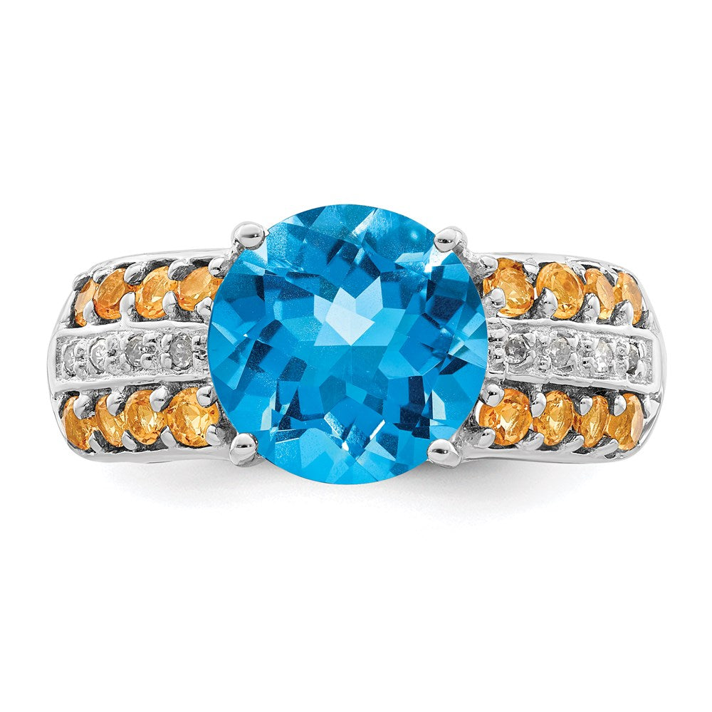 Sterling Silver Rhodium Checker-Cut Blue Topaz, Citrine & Diamond Ring