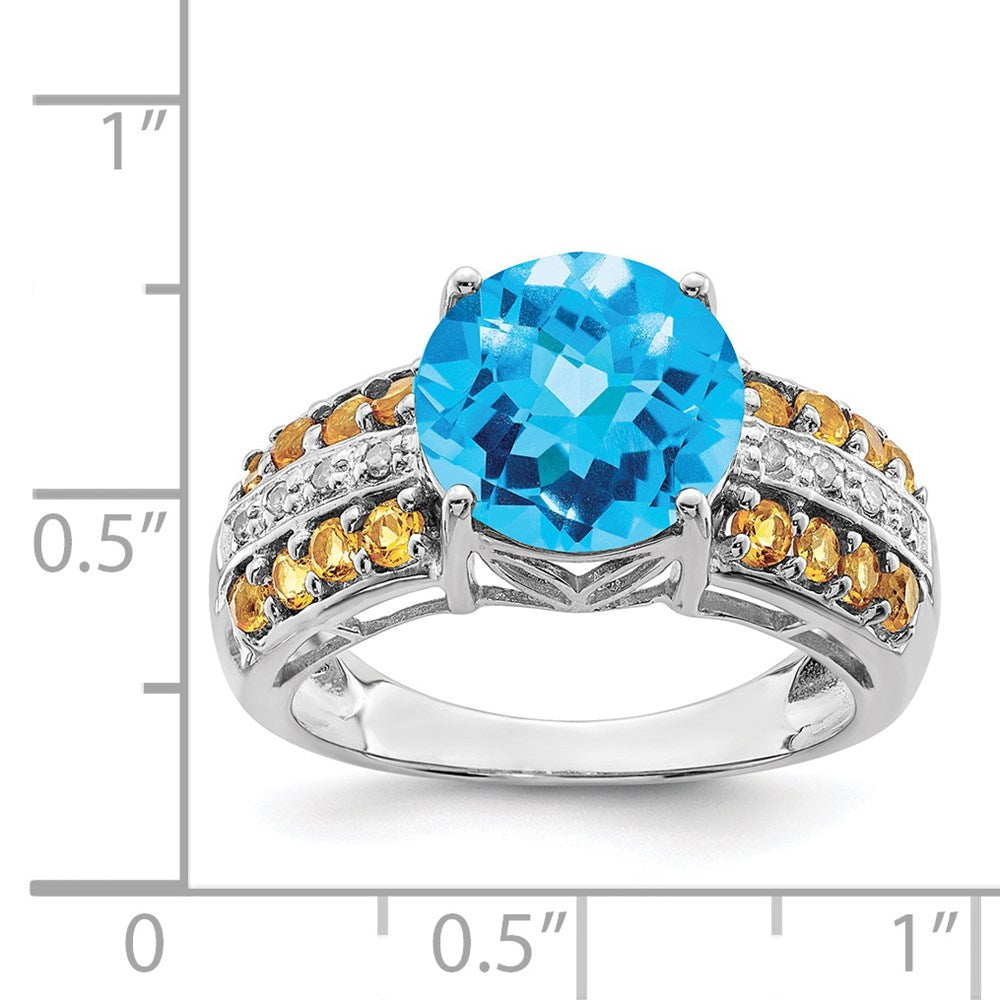 Sterling Silver Rhodium Checker-Cut Blue Topaz, Citrine & Diamond Ring