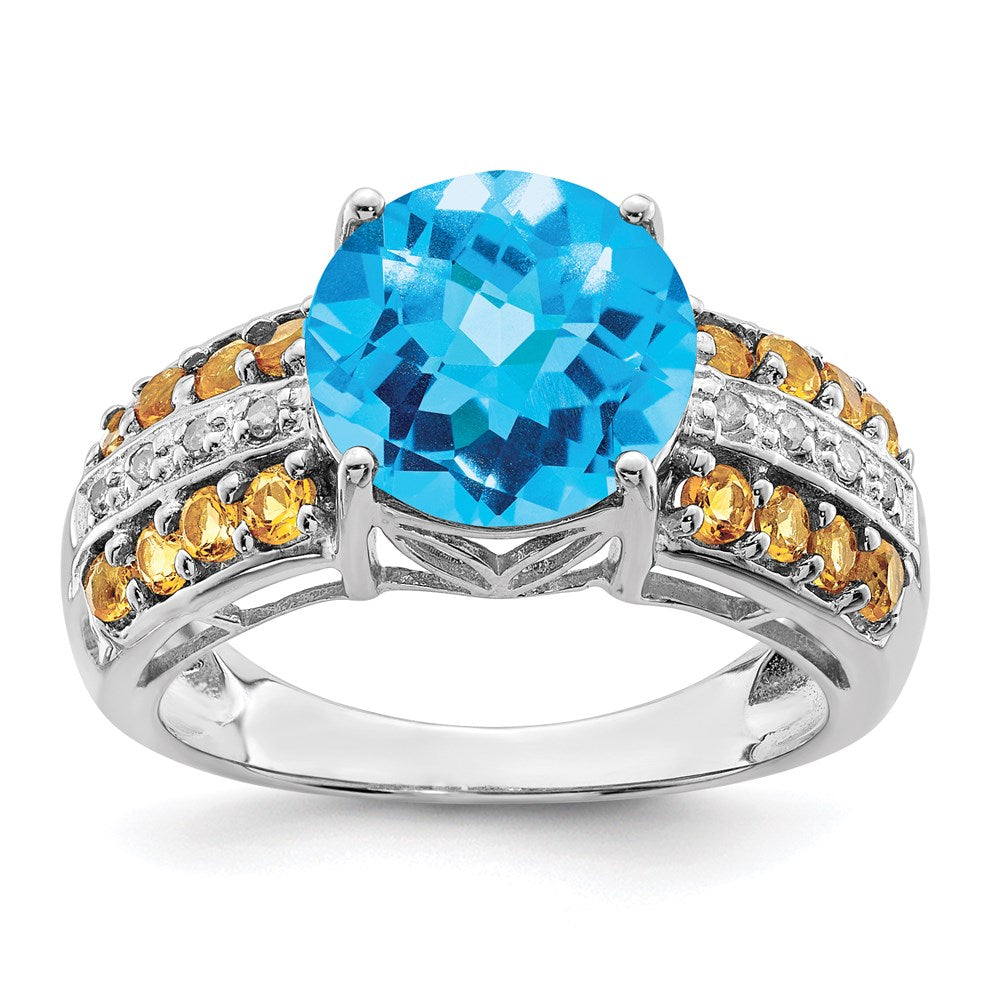 Sterling Silver Rhodium Checker-Cut Blue Topaz, Citrine & Diamond Ring