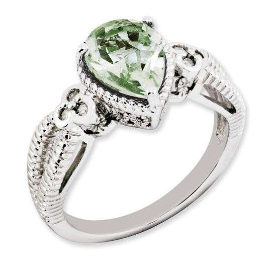 Sterling Silver Rhodium-plated Green Quartz & Diamond Ring