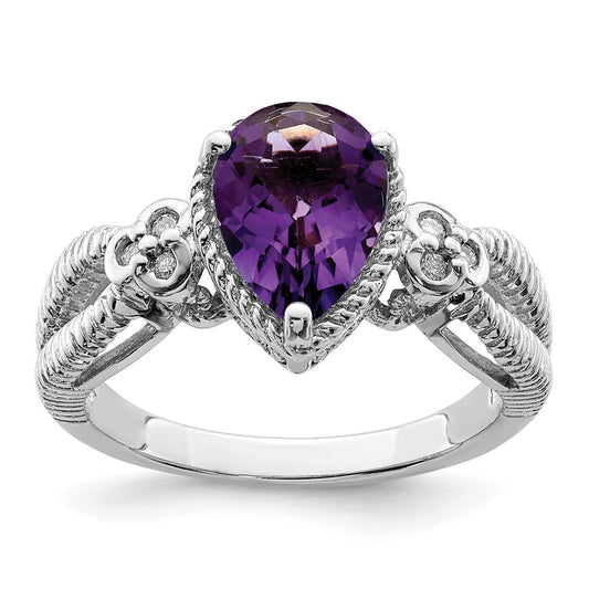 Sterling Silver Rhodium-plated Amethyst & Diamond Ring