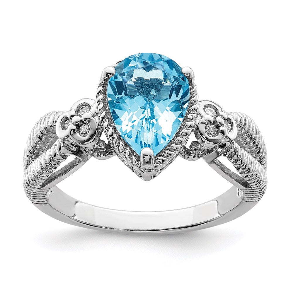 Sterling Silver Rhodium Blue Topaz & Diamond Ring