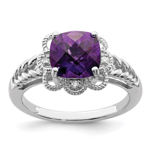 Sterling Silver Rhodium-plated Checker-Cut Amethyst & Diamond Ring