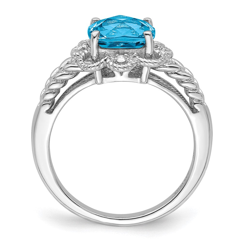 Sterling Silver Rhodium Checker-Cut Blue Topaz & Diamond Ring