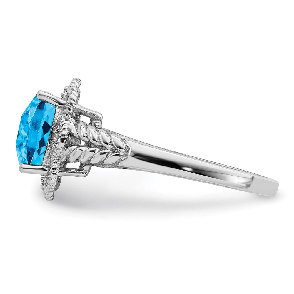 Sterling Silver Rhodium Checker-Cut Blue Topaz & Diamond Ring