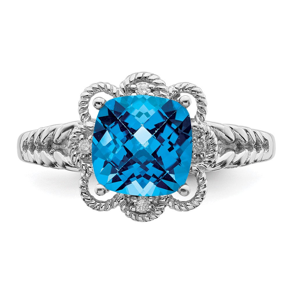 Sterling Silver Rhodium Checker-Cut Blue Topaz & Diamond Ring