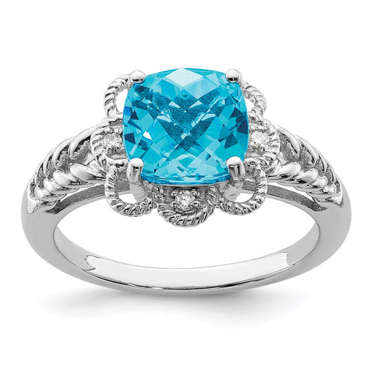 Sterling Silver Rhodium Checker-Cut Blue Topaz & Diamond Ring