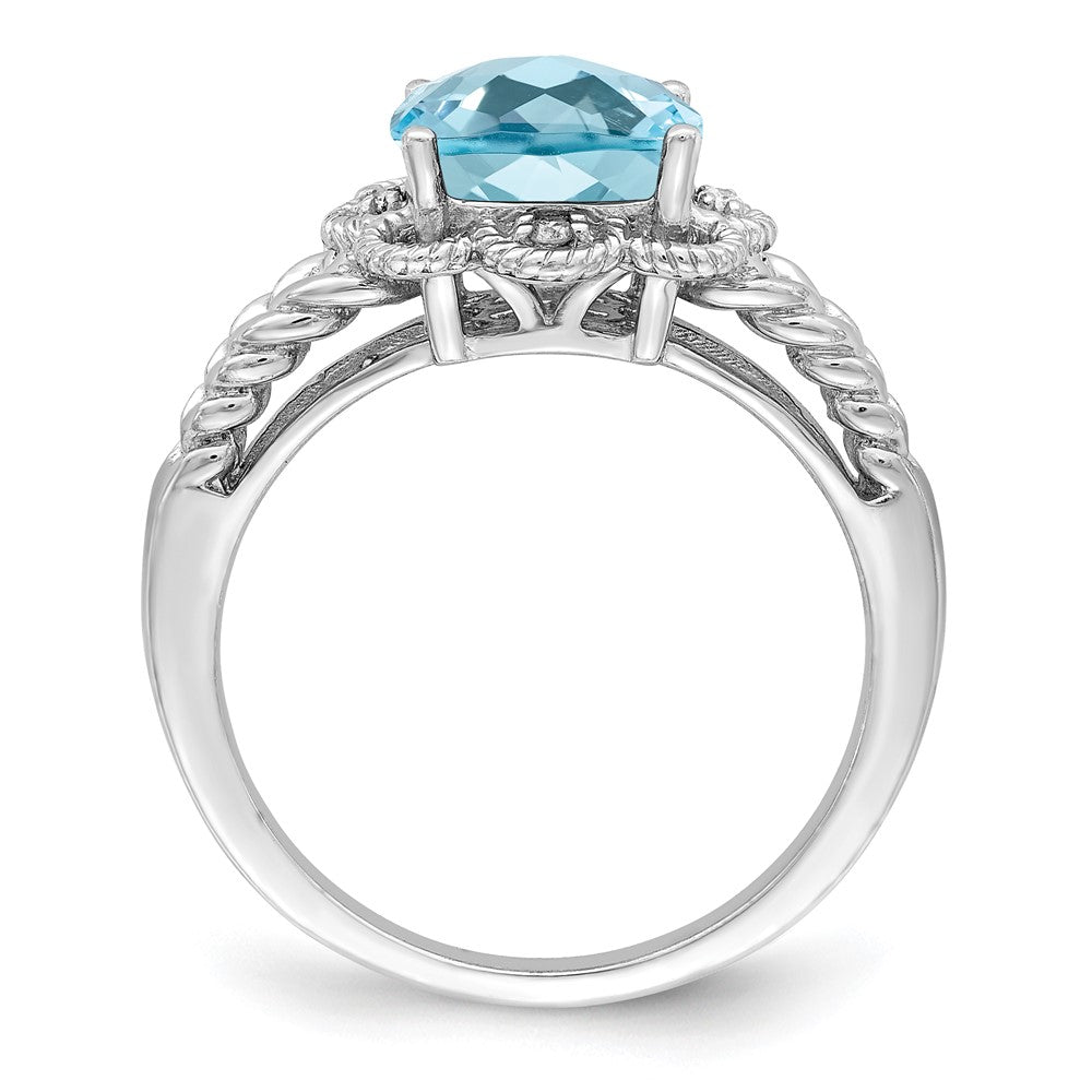 Sterling Silver Rhodium Checker-Cut Sky Blue Topaz & Diamond Ring