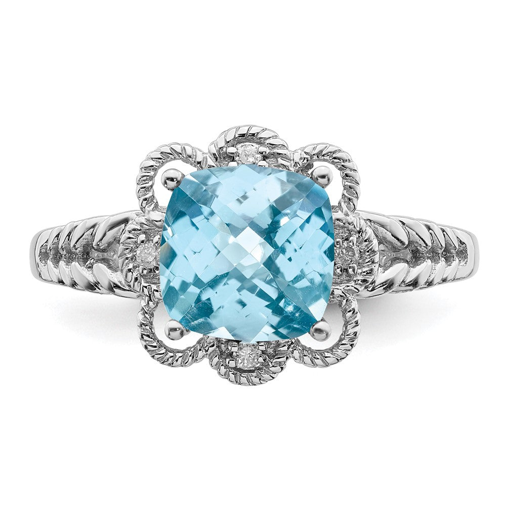 Sterling Silver Rhodium Checker-Cut Sky Blue Topaz & Diamond Ring