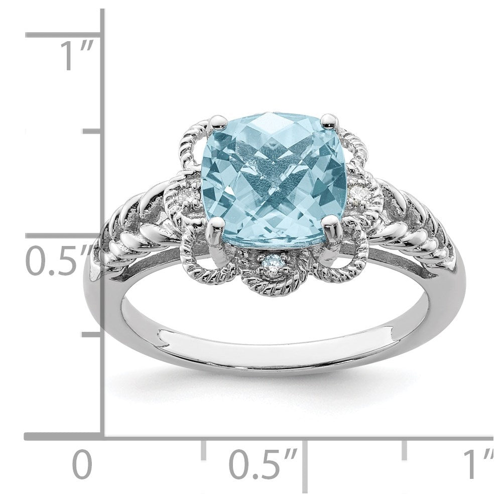 Sterling Silver Rhodium Checker-Cut Sky Blue Topaz & Diamond Ring