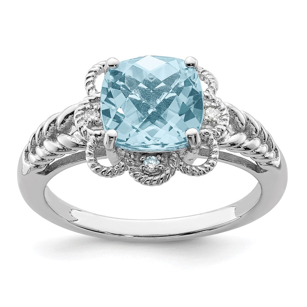 Sterling Silver Rhodium Checker-Cut Sky Blue Topaz & Diamond Ring