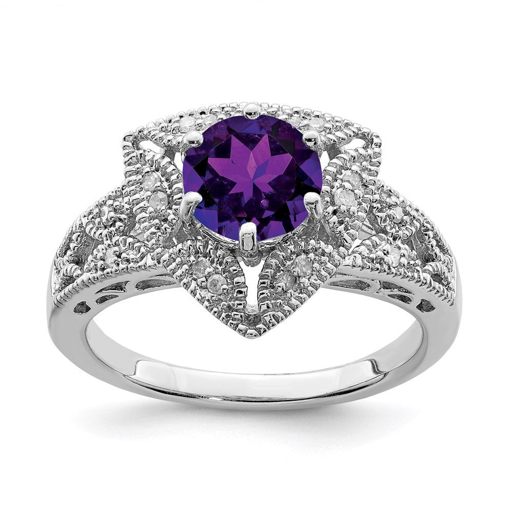 Sterling Silver Rhodium-plated Amethyst & Diamond Ring