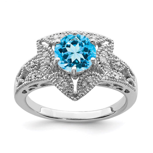 Sterling Silver Rhodium Swiss Blue Topaz & Diamond Ring