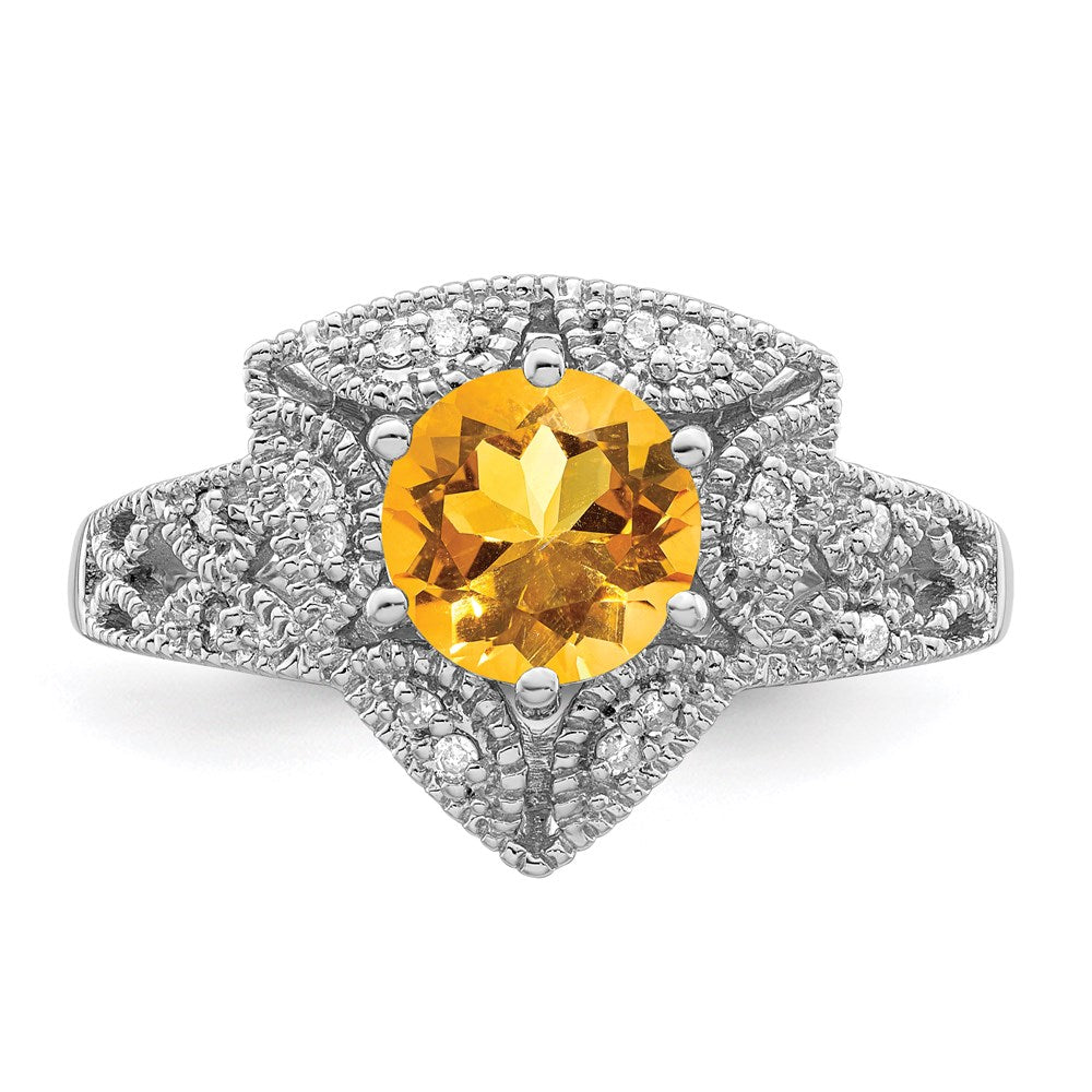 Sterling Silver Rhodium Citrine & Diamond Ring