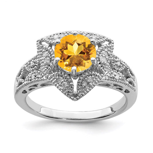 Sterling Silver Rhodium Citrine & Diamond Ring