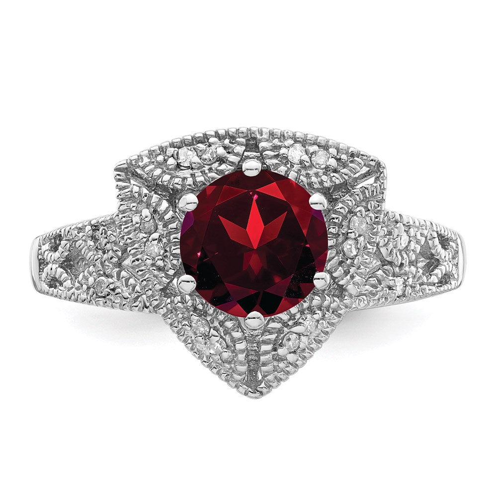 Sterling Silver Rhodium-plated Garnet & Diamond Ring