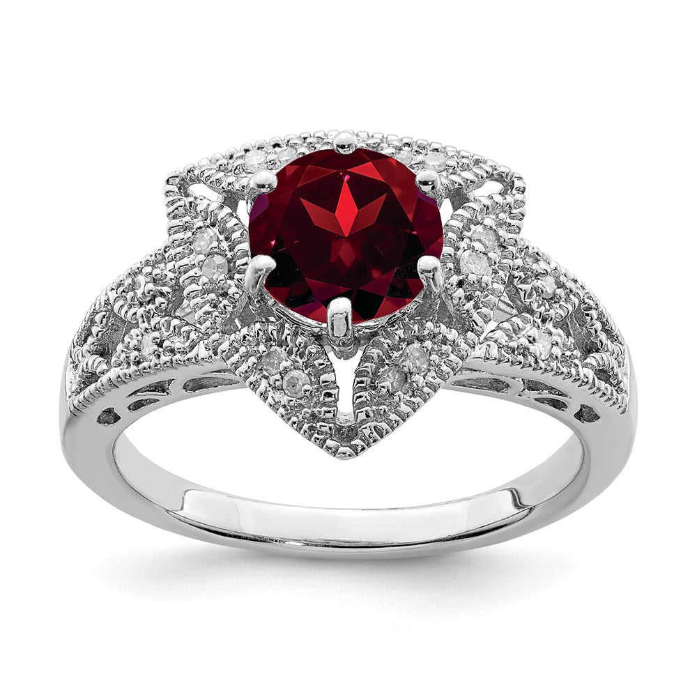 Sterling Silver Rhodium-plated Garnet & Diamond Ring