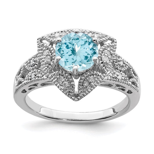 Sterling Silver Rhodium Sky Blue Topaz & Diamond Ring