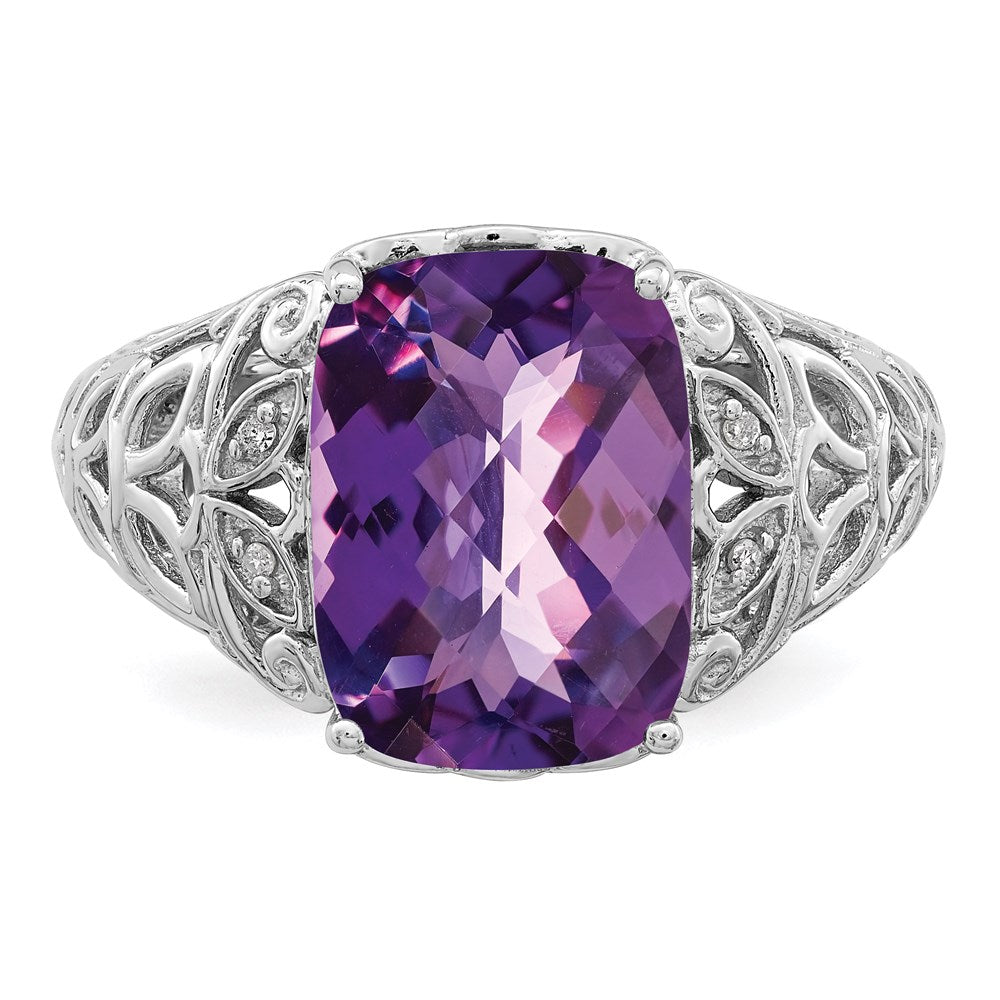 Sterling Silver Rhodium-plated Amethyst & Diamond Ring