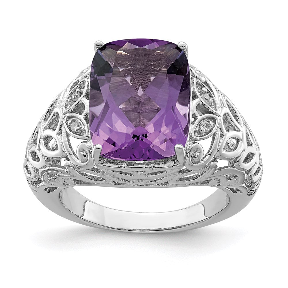 Sterling Silver Rhodium-plated Amethyst & Diamond Ring