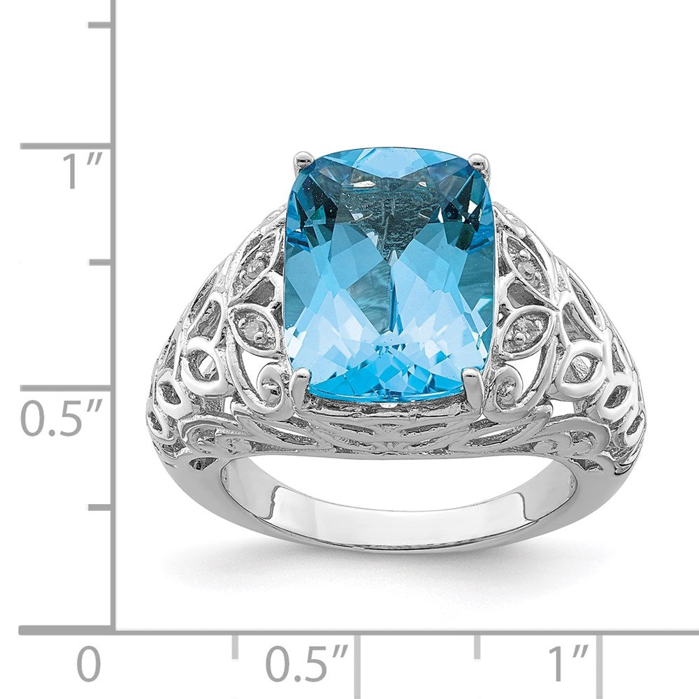 Sterling Silver Rhodium Swiss Blue Topaz & Diamond Ring