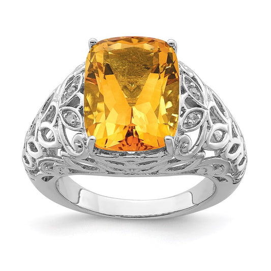 Sterling Silver Rhodium Citrine & Diamond Ring