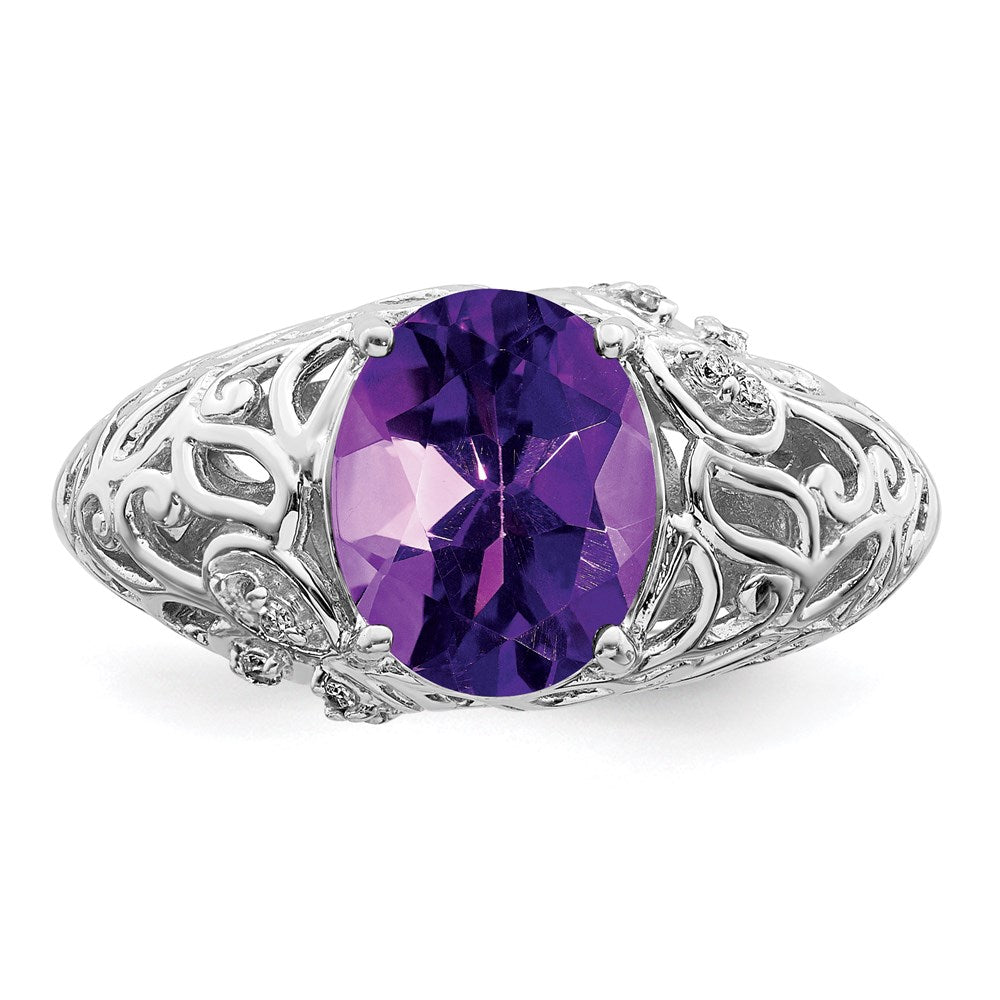 Sterling Silver Rhodium-plated Amethyst & Diamond Ring