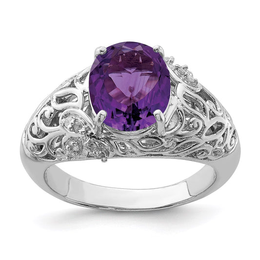 Sterling Silver Rhodium-plated Amethyst & Diamond Ring