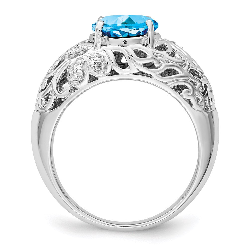 Sterling Silver Rhodium Blue Topaz & Diamond Ring