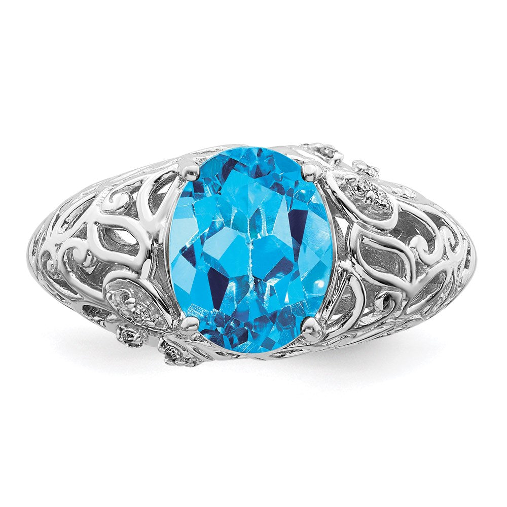 Sterling Silver Rhodium Blue Topaz & Diamond Ring