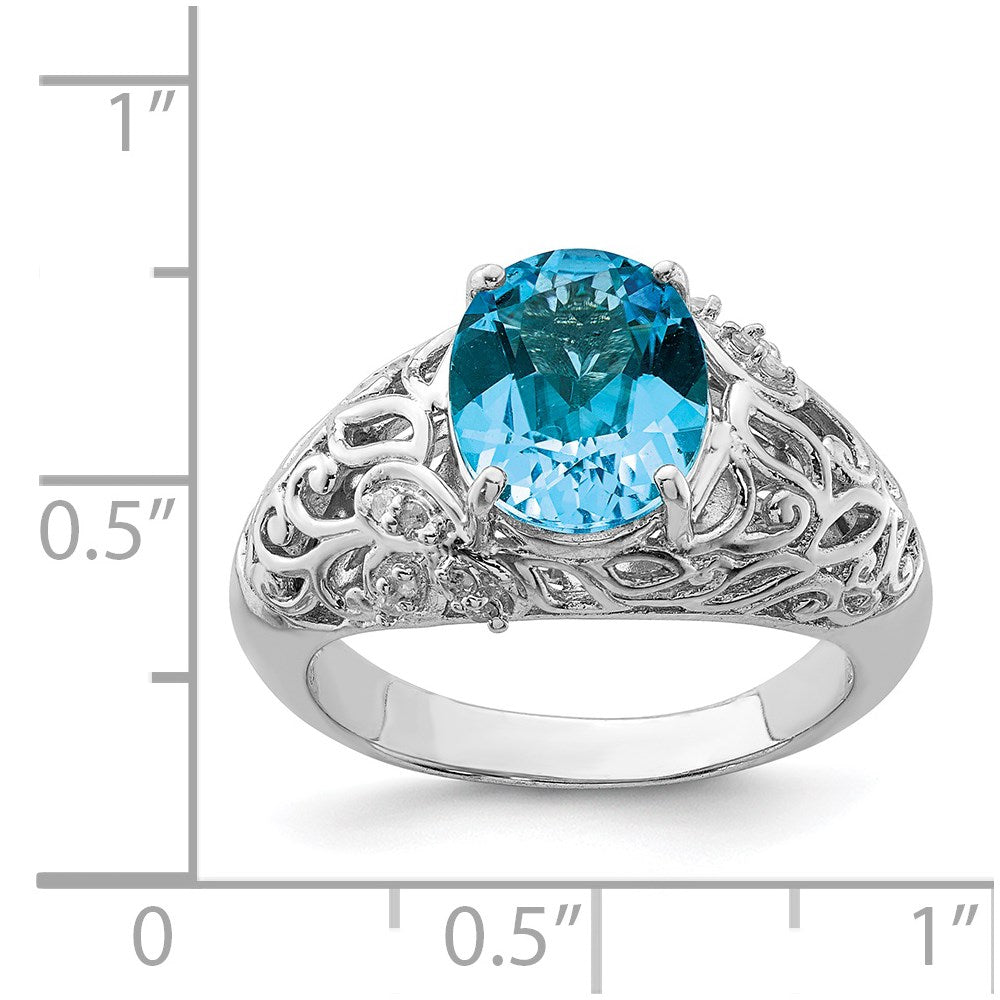 Sterling Silver Rhodium Blue Topaz & Diamond Ring