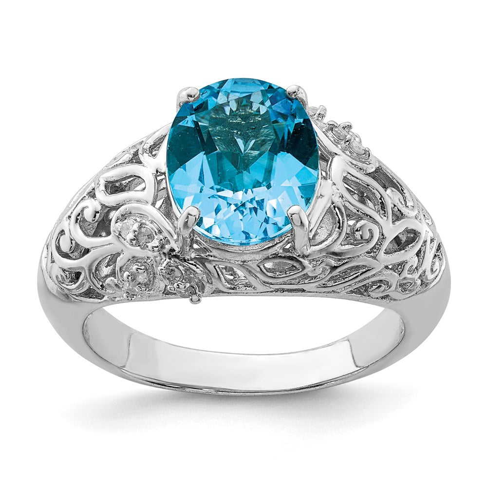 Sterling Silver Rhodium Blue Topaz & Diamond Ring