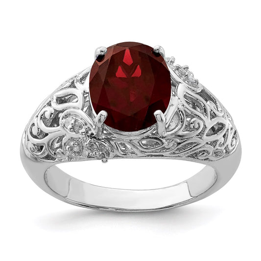 Sterling Silver Rhodium-plated Garnet & Diamond Ring