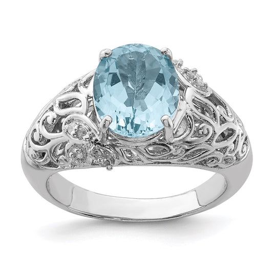 Sterling Silver Rhodium Sky Blue Topaz & Diamond Ring