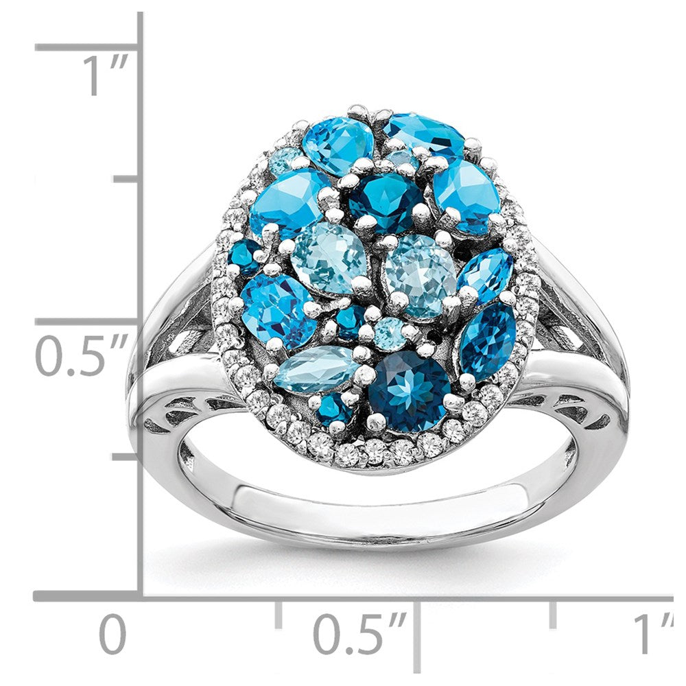 Sterling Silver Rhodium Light Swiss Blue Topaz & Diamond Ring