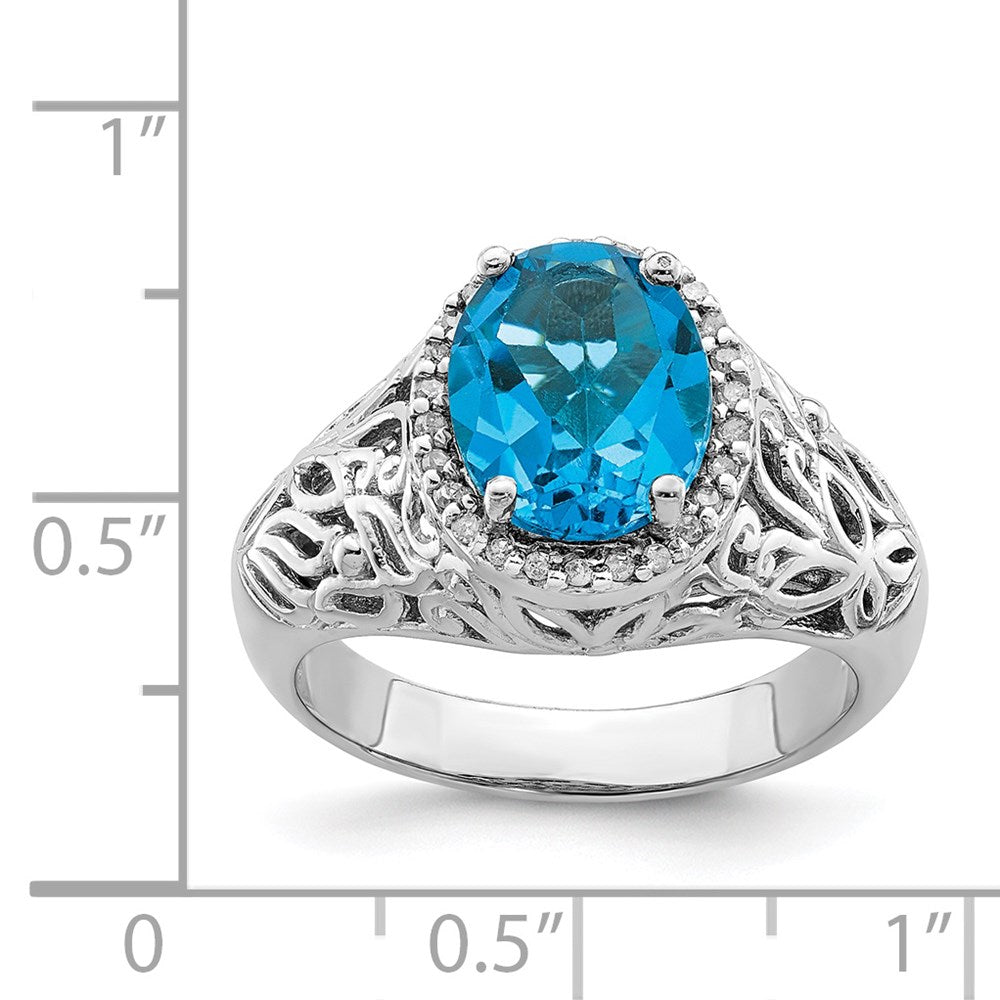 Sterling Silver Rhodium Swiss Blue Topaz & Diamond Ring