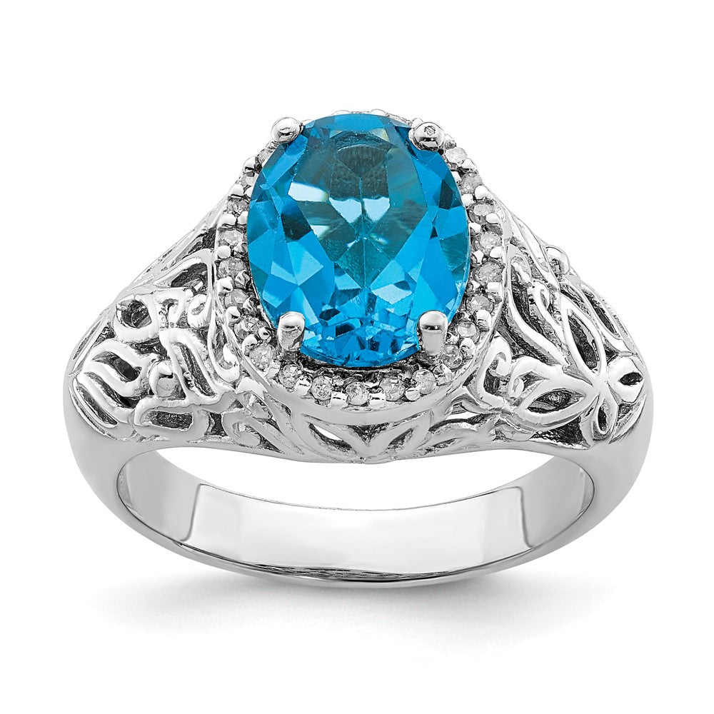 Sterling Silver Rhodium Swiss Blue Topaz & Diamond Ring