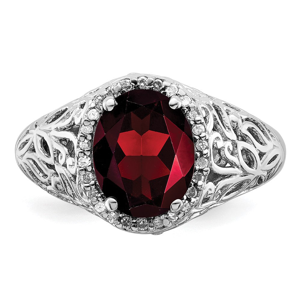 Sterling Silver Rhodium-plated Garnet & Diamond Ring