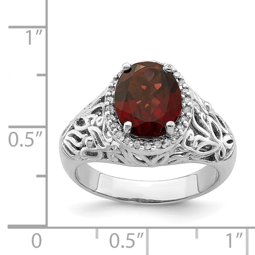 Sterling Silver Rhodium-plated Garnet & Diamond Ring